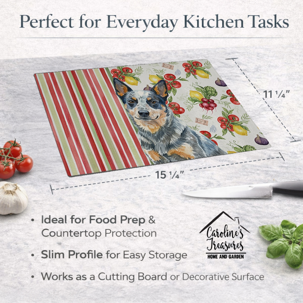 Picture of Carolines Treasures WDK8087LCB 11.25 x 15.25 in. Blue Heeler Australian Cattle Dog Vegetables Glass Cutting Board