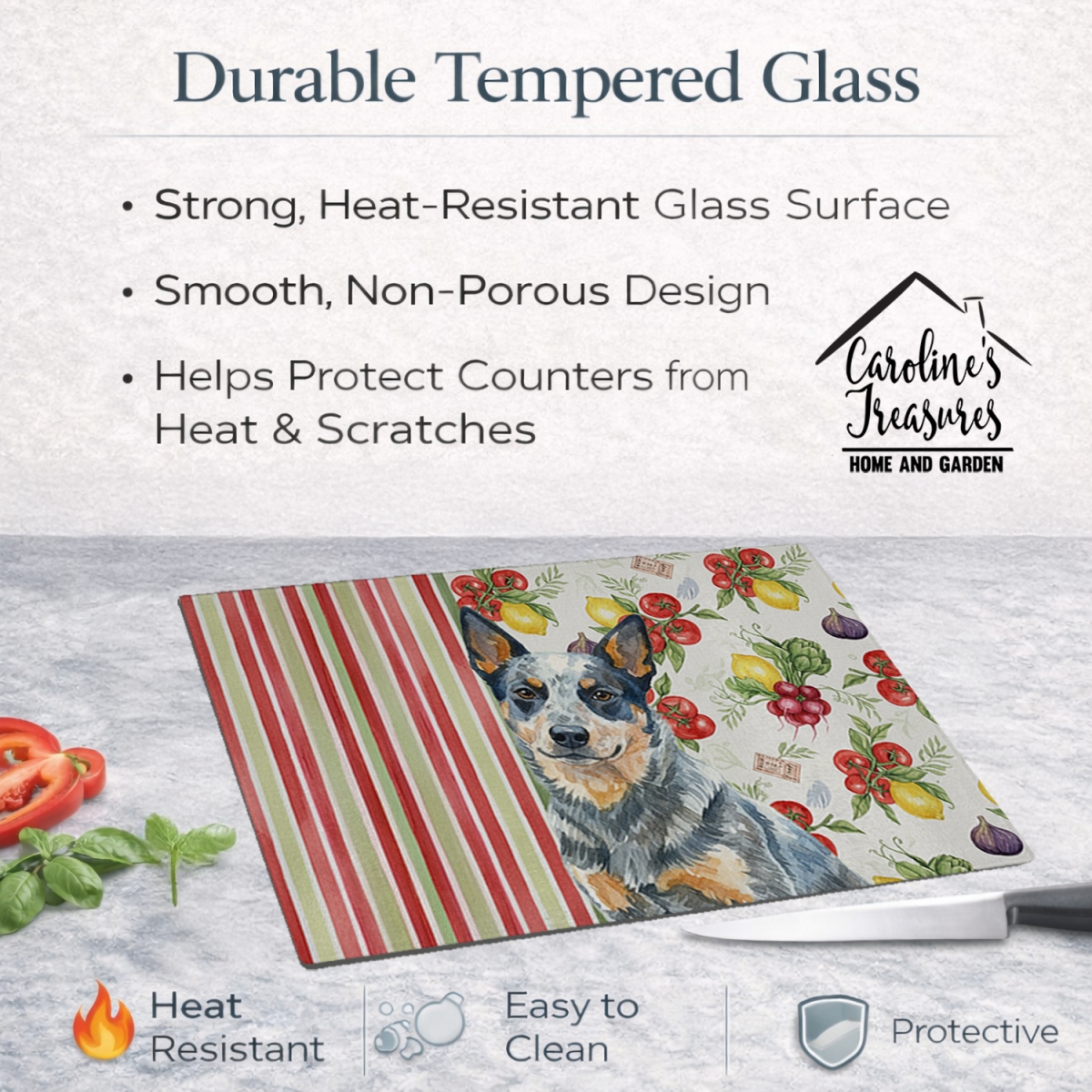 Picture of Carolines Treasures WDK8087LCB 11.25 x 15.25 in. Blue Heeler Australian Cattle Dog Vegetables Glass Cutting Board