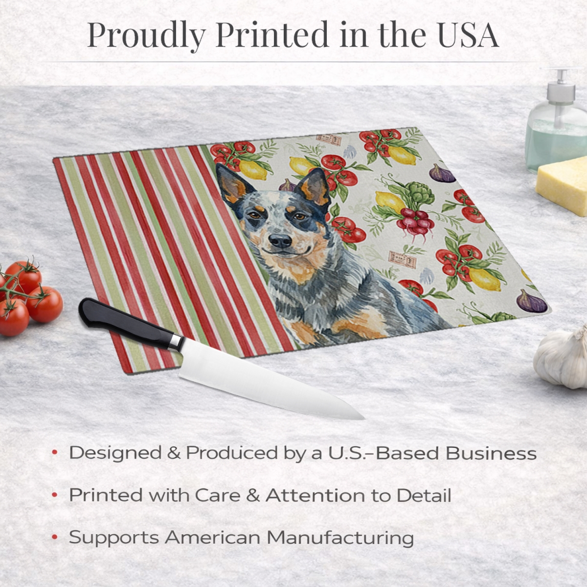 Picture of Carolines Treasures WDK8087LCB 11.25 x 15.25 in. Blue Heeler Australian Cattle Dog Vegetables Glass Cutting Board