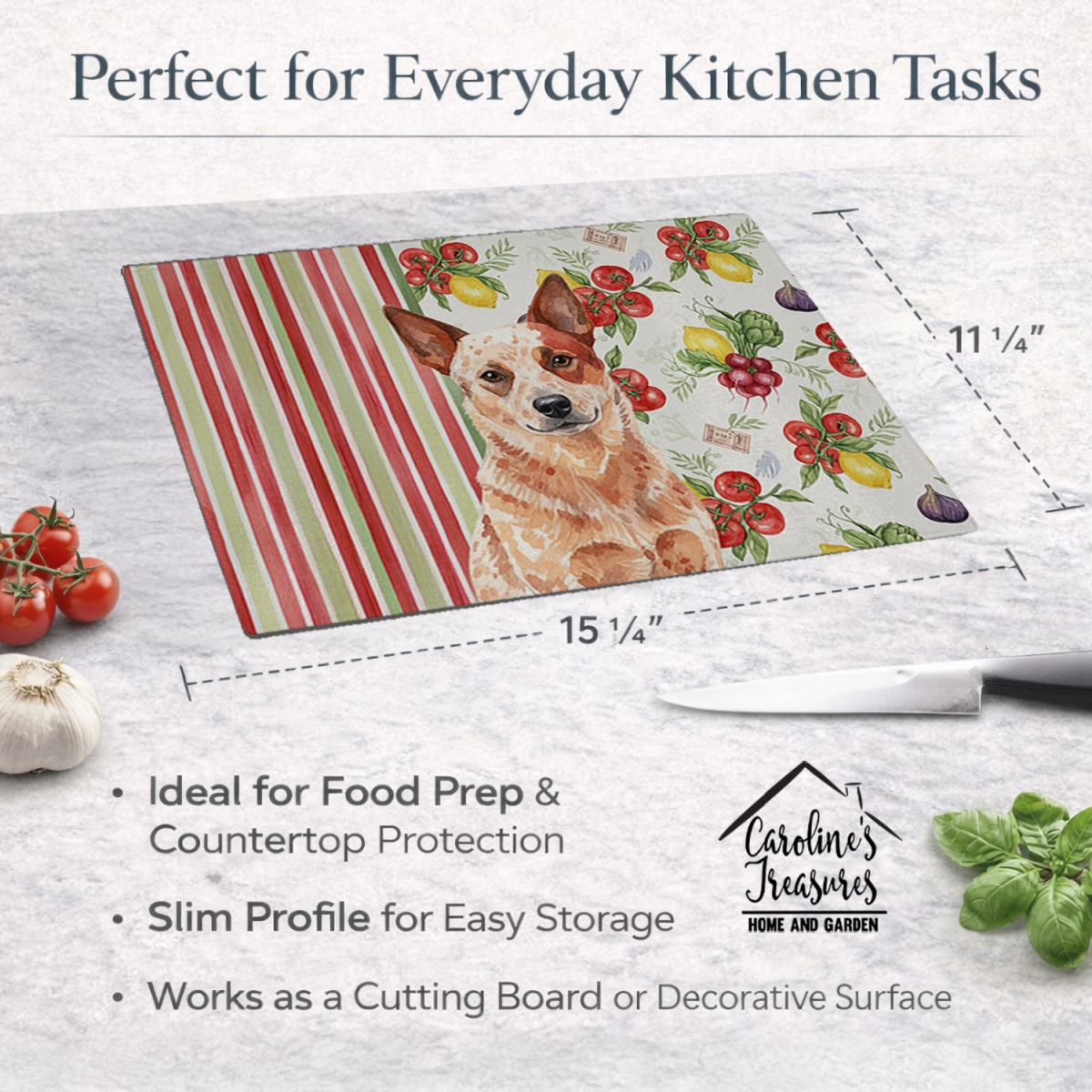 Picture of Carolines Treasures WDK8088LCB 11.25 x 15.25 in. Red Heeler Australian Cattle Dog Vegetables Glass Cutting Board