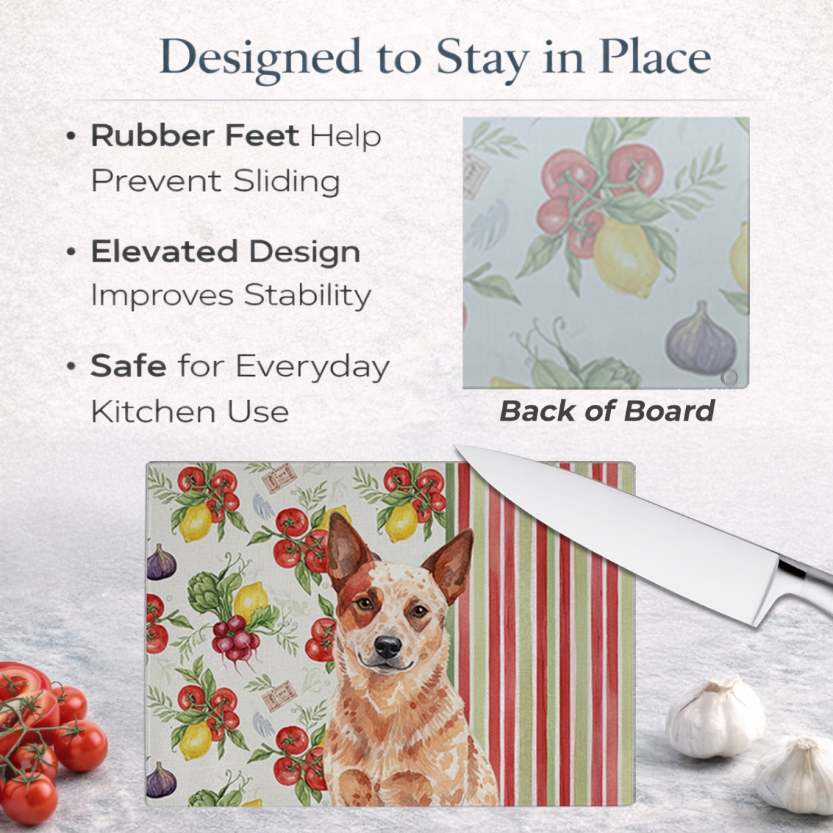 Picture of Carolines Treasures WDK8088LCB 11.25 x 15.25 in. Red Heeler Australian Cattle Dog Vegetables Glass Cutting Board
