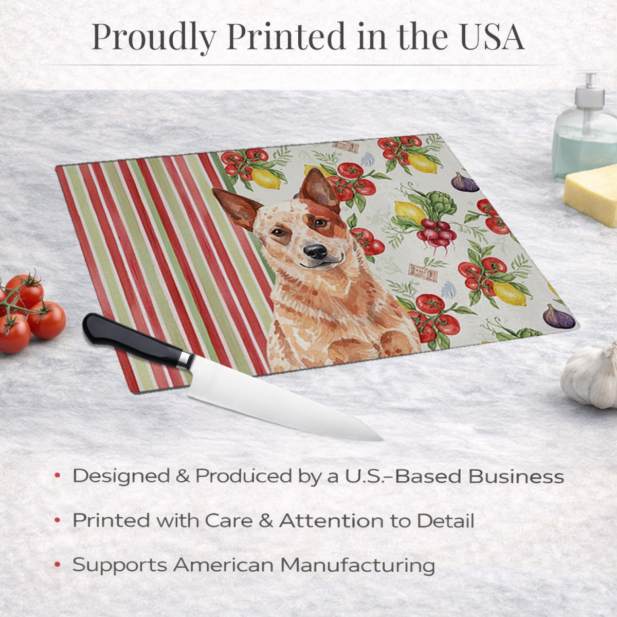 Picture of Carolines Treasures WDK8088LCB 11.25 x 15.25 in. Red Heeler Australian Cattle Dog Vegetables Glass Cutting Board