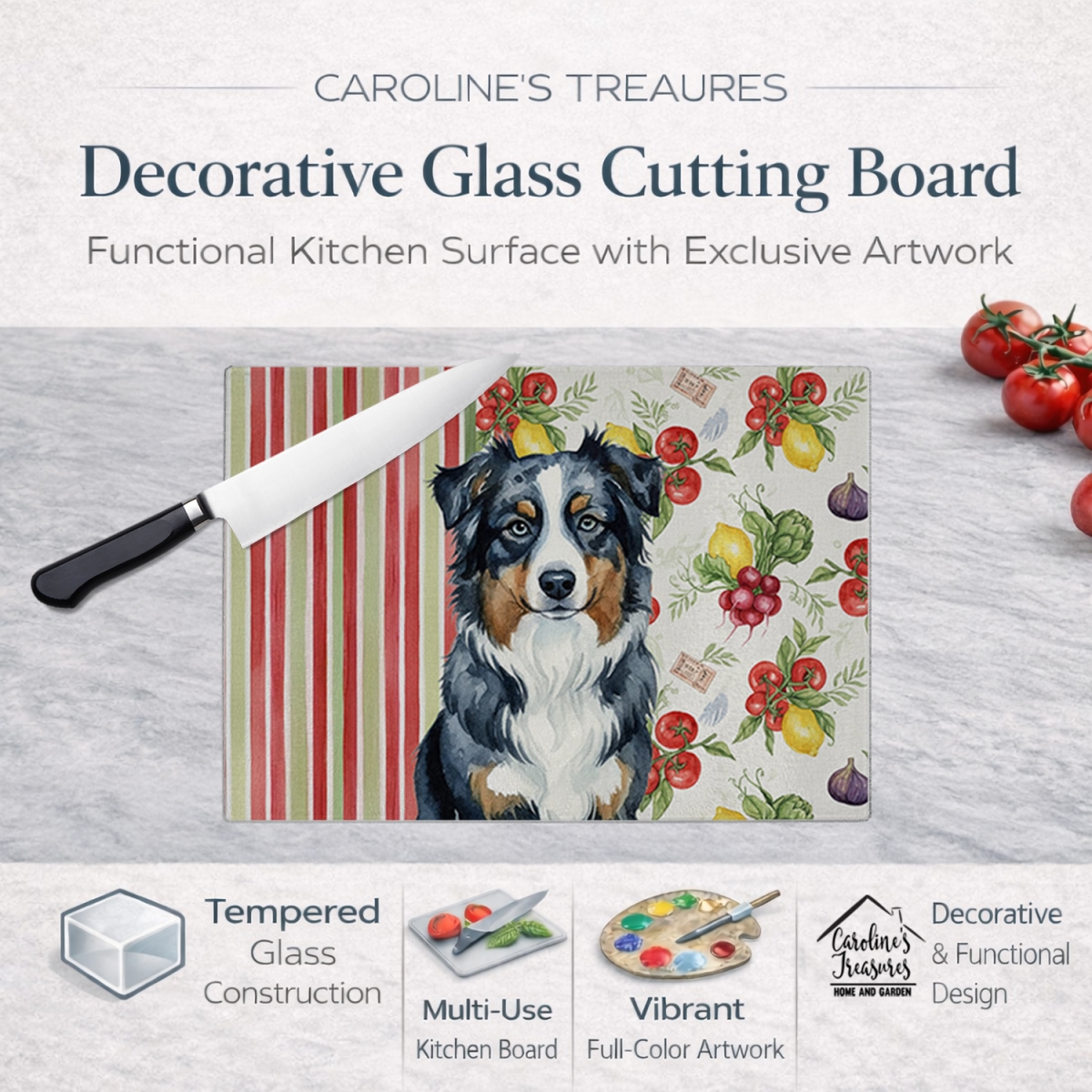 Picture of Carolines Treasures WDK8089LCB 11.25 x 15.25 in. Black Australian Shepherd Vegetables Glass Cutting Board