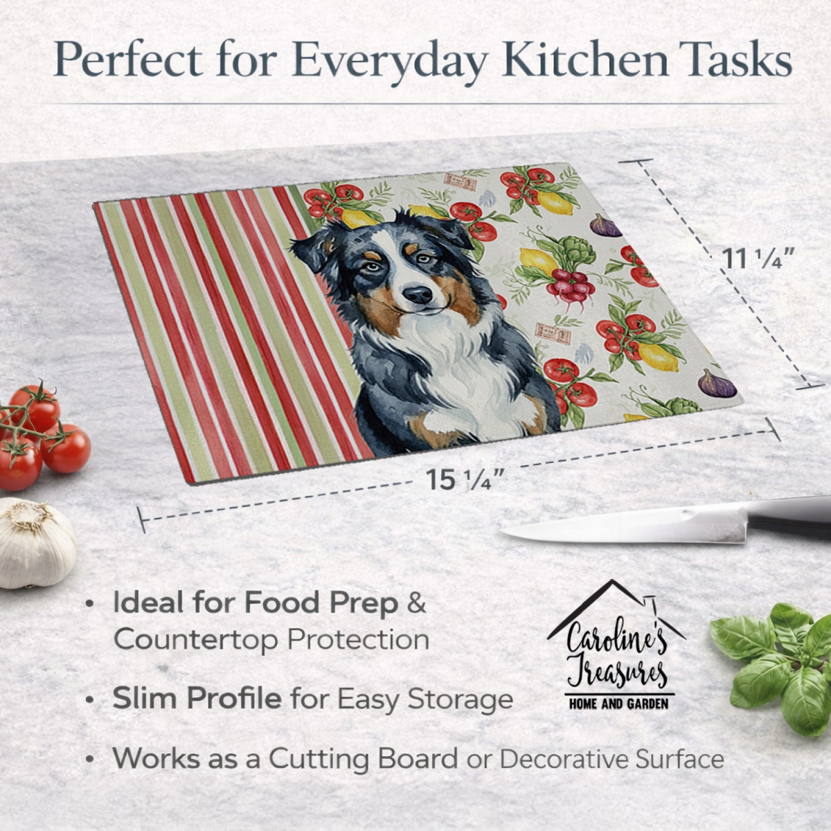 Picture of Carolines Treasures WDK8089LCB 11.25 x 15.25 in. Black Australian Shepherd Vegetables Glass Cutting Board