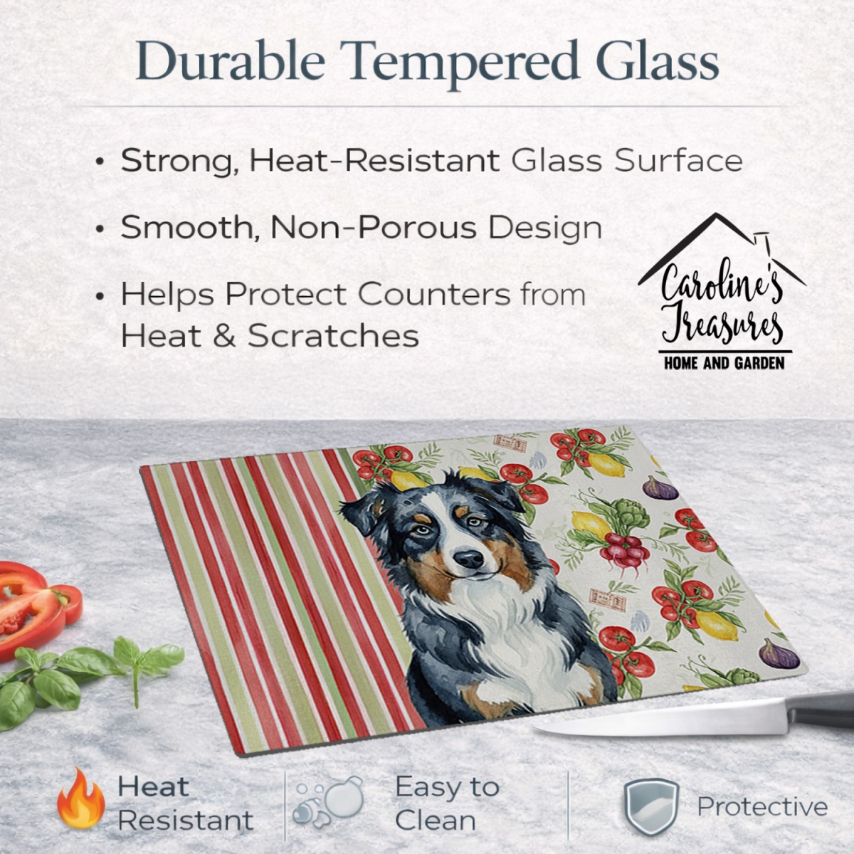 Picture of Carolines Treasures WDK8089LCB 11.25 x 15.25 in. Black Australian Shepherd Vegetables Glass Cutting Board