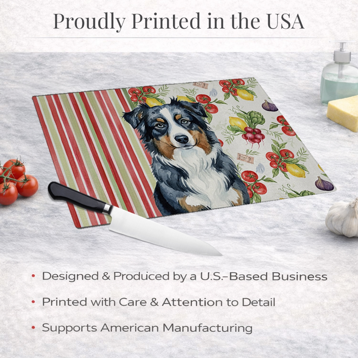 Picture of Carolines Treasures WDK8089LCB 11.25 x 15.25 in. Black Australian Shepherd Vegetables Glass Cutting Board