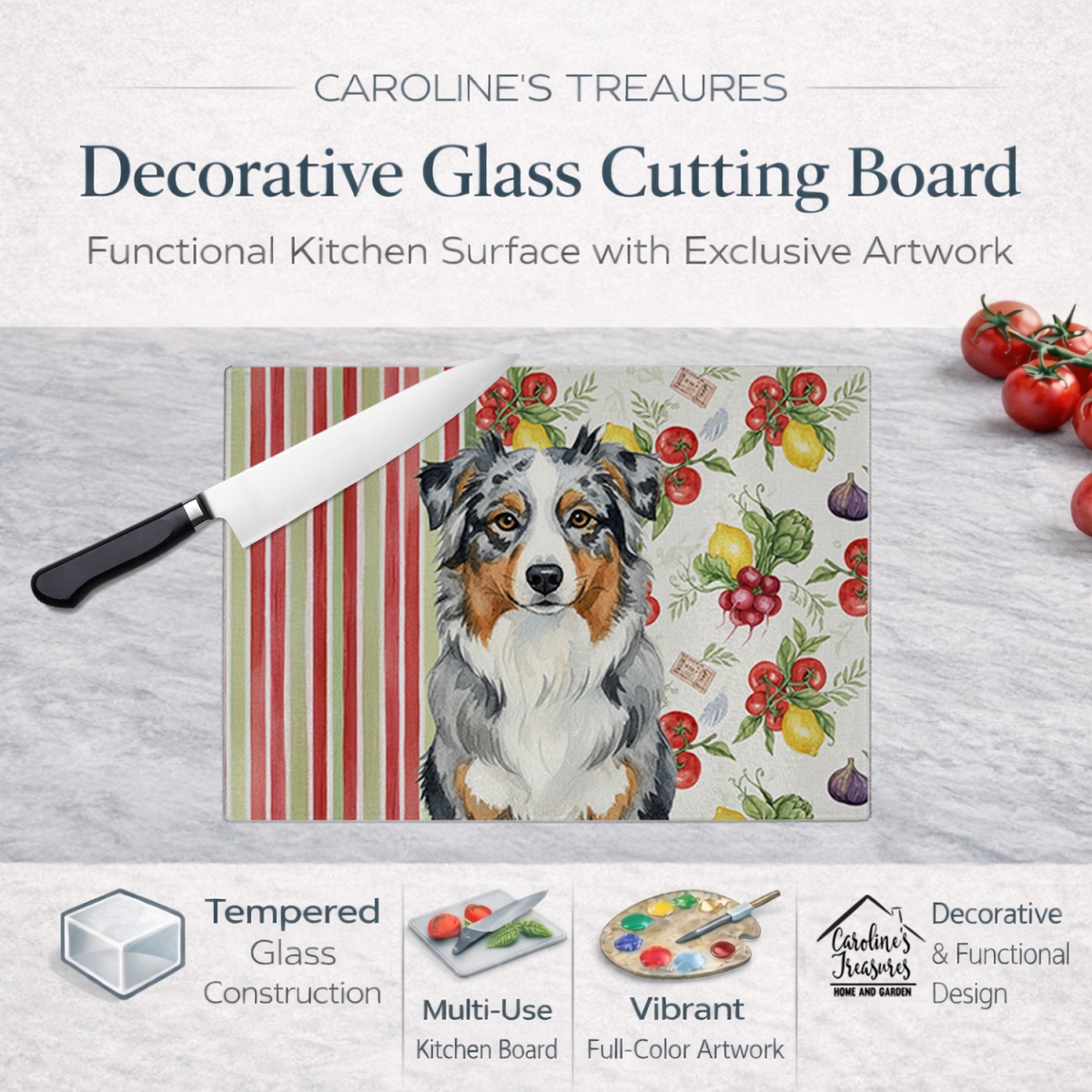 Picture of Carolines Treasures WDK8090LCB 11.25 x 15.25 in. Blue Merle Australian Shepherd Vegetables Glass Cutting Board