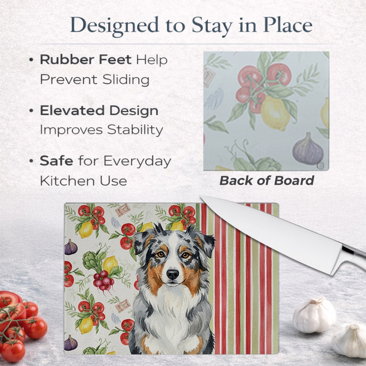 Picture of Carolines Treasures WDK8090LCB 11.25 x 15.25 in. Blue Merle Australian Shepherd Vegetables Glass Cutting Board