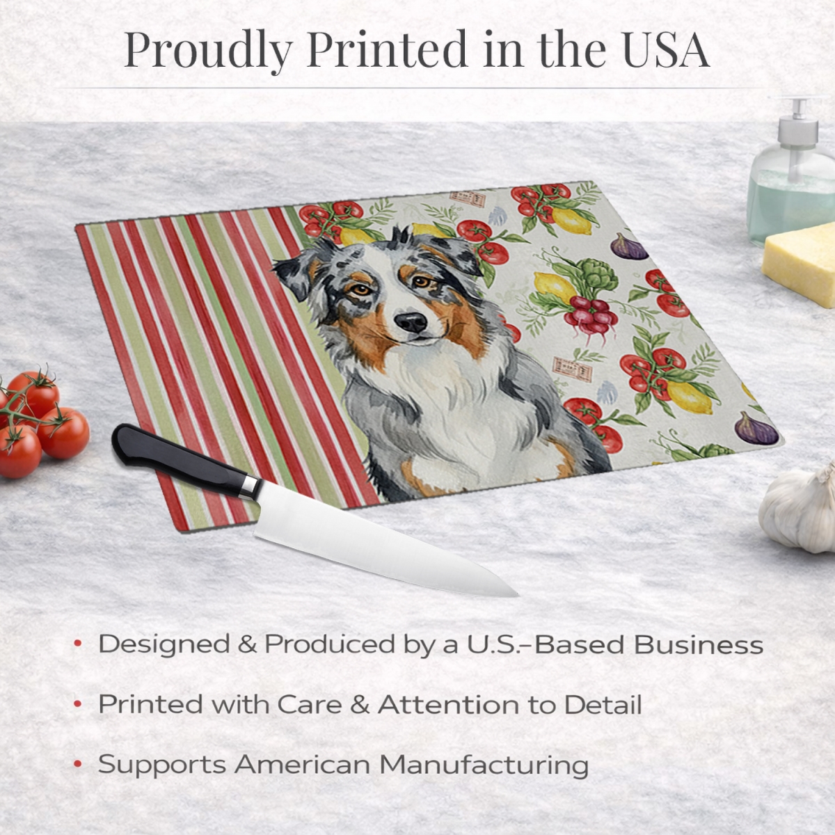 Picture of Carolines Treasures WDK8090LCB 11.25 x 15.25 in. Blue Merle Australian Shepherd Vegetables Glass Cutting Board