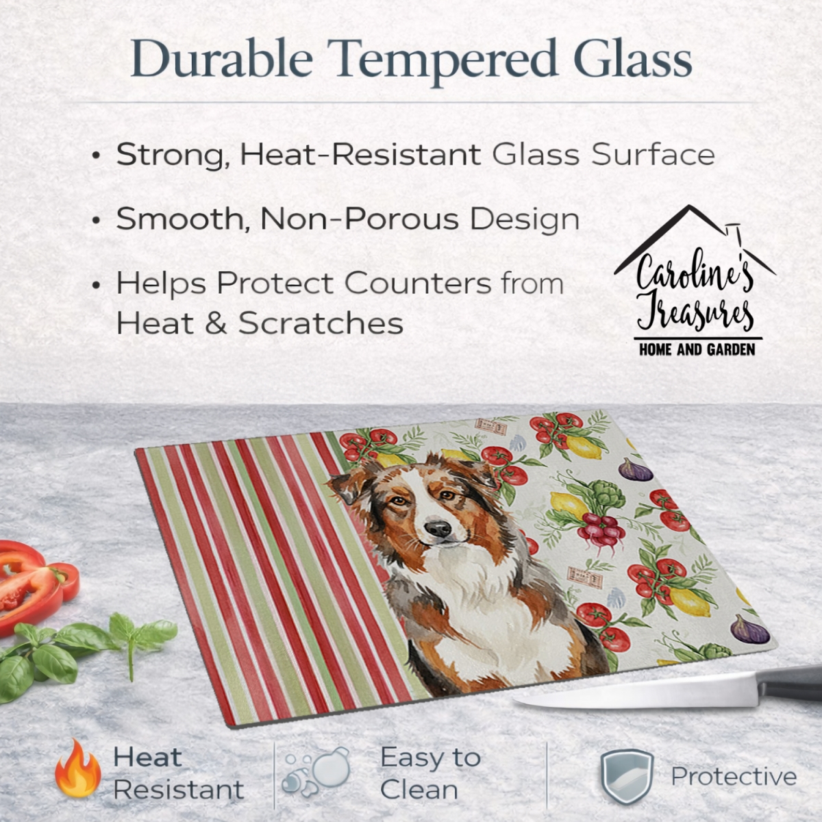 Picture of Carolines Treasures WDK8091LCB 11.25 x 15.25 in. Red Merle Australian Shepherd Vegetables Glass Cutting Board