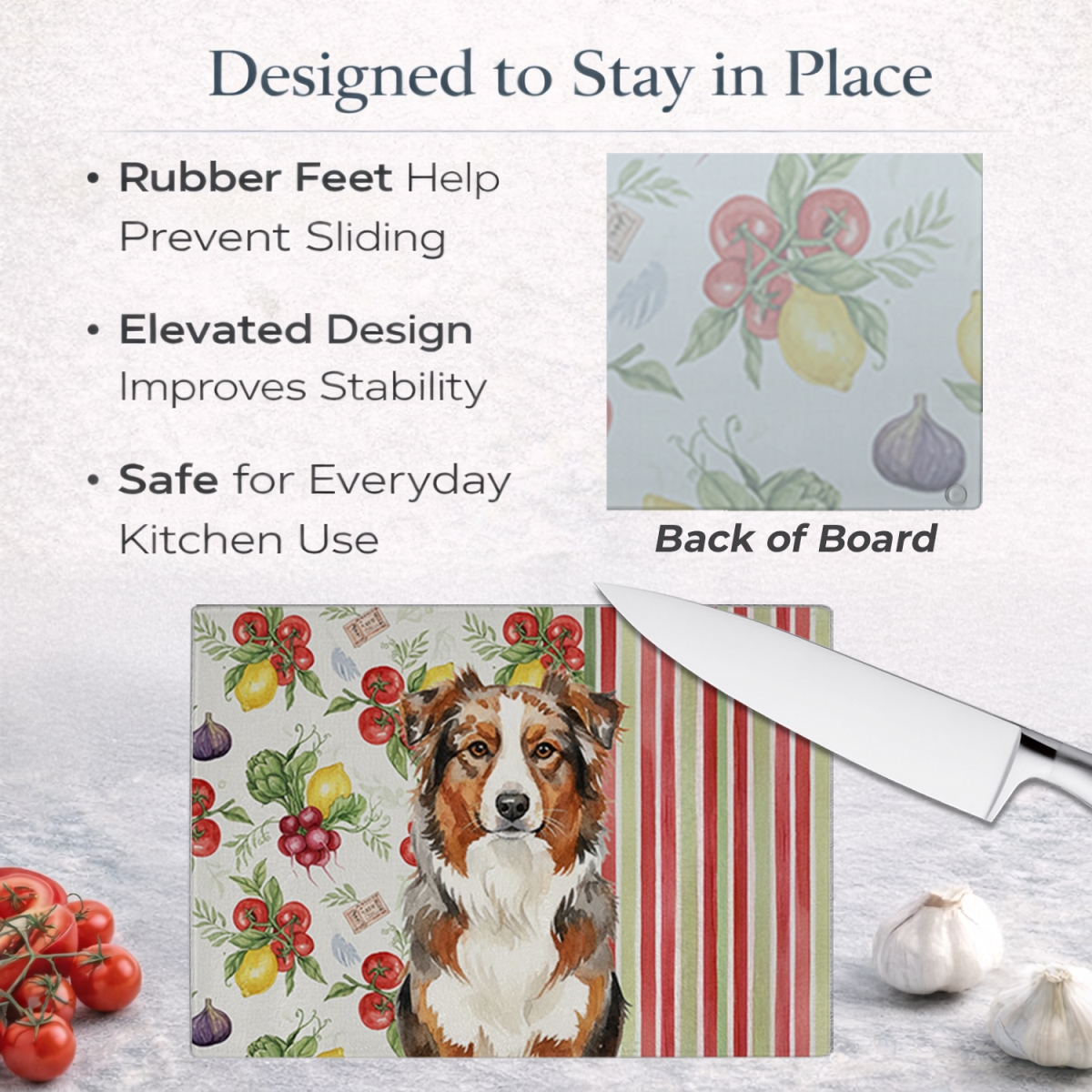 Picture of Carolines Treasures WDK8091LCB 11.25 x 15.25 in. Red Merle Australian Shepherd Vegetables Glass Cutting Board