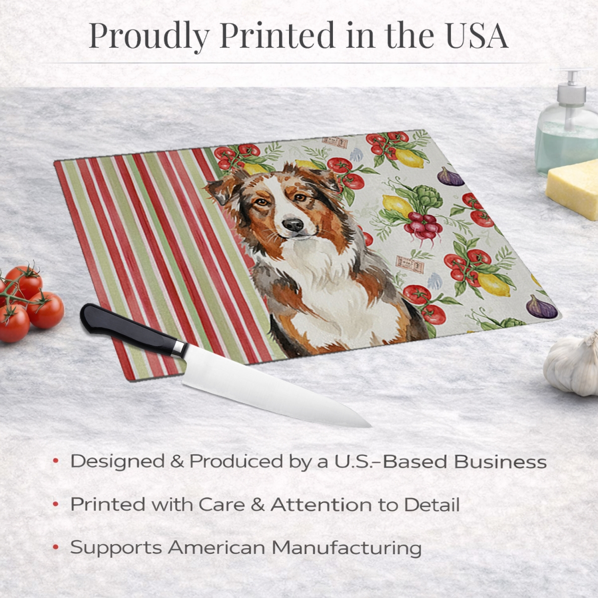 Picture of Carolines Treasures WDK8091LCB 11.25 x 15.25 in. Red Merle Australian Shepherd Vegetables Glass Cutting Board