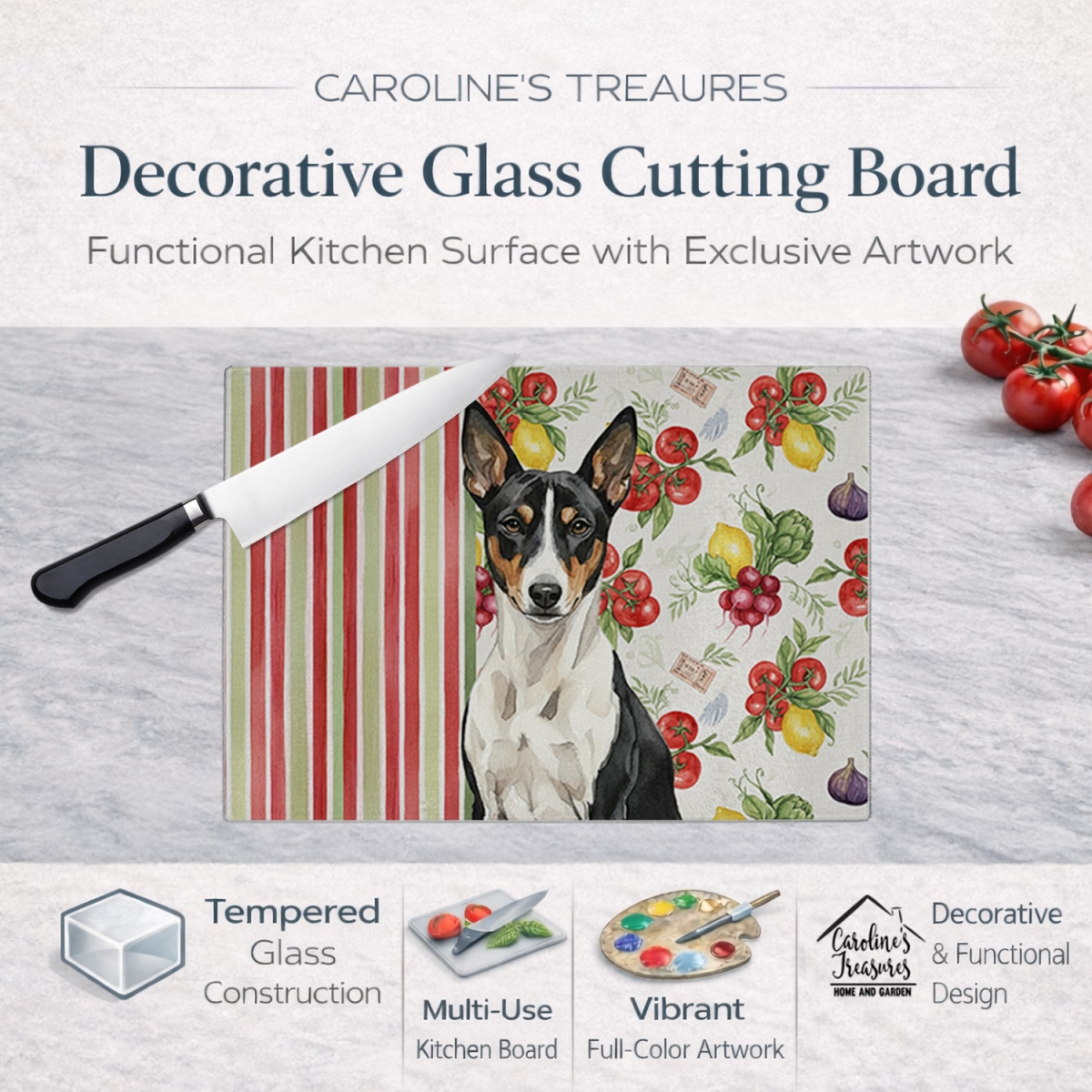 Picture of Carolines Treasures WDK8092LCB 11.25 x 15.25 in. Black & White Basenji Vegetables Glass Cutting Board