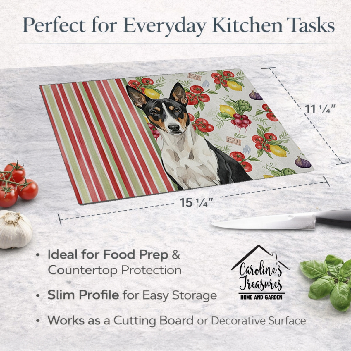 Picture of Carolines Treasures WDK8092LCB 11.25 x 15.25 in. Black & White Basenji Vegetables Glass Cutting Board