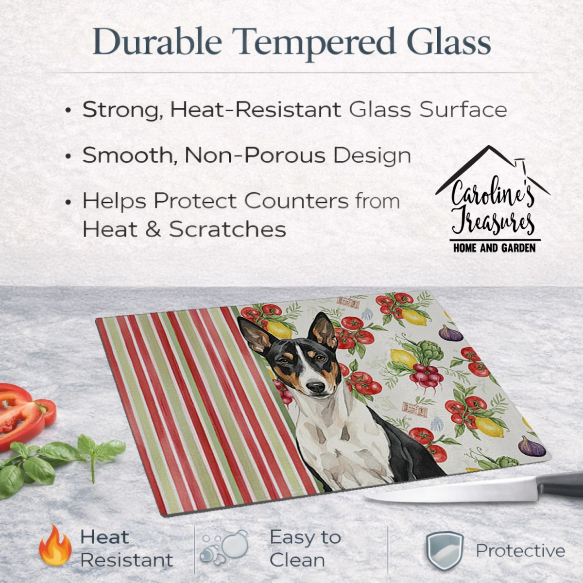 Picture of Carolines Treasures WDK8092LCB 11.25 x 15.25 in. Black & White Basenji Vegetables Glass Cutting Board
