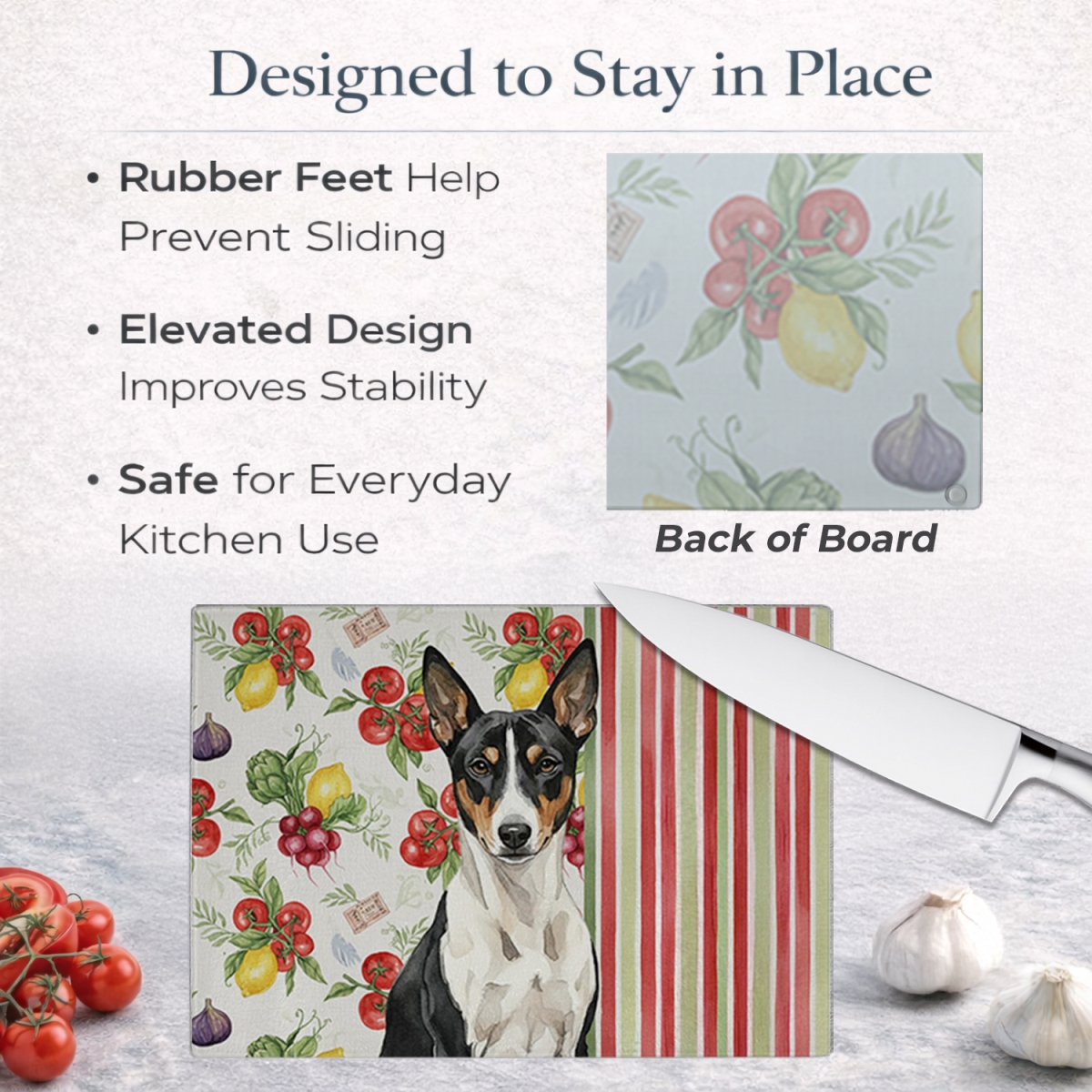 Picture of Carolines Treasures WDK8092LCB 11.25 x 15.25 in. Black & White Basenji Vegetables Glass Cutting Board