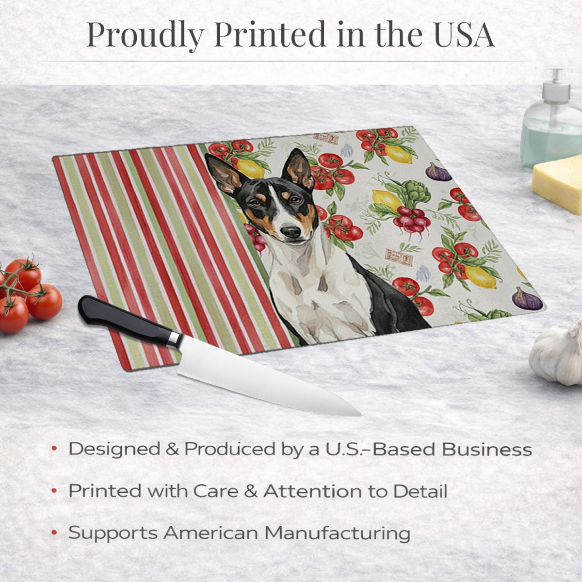 Picture of Carolines Treasures WDK8092LCB 11.25 x 15.25 in. Black & White Basenji Vegetables Glass Cutting Board