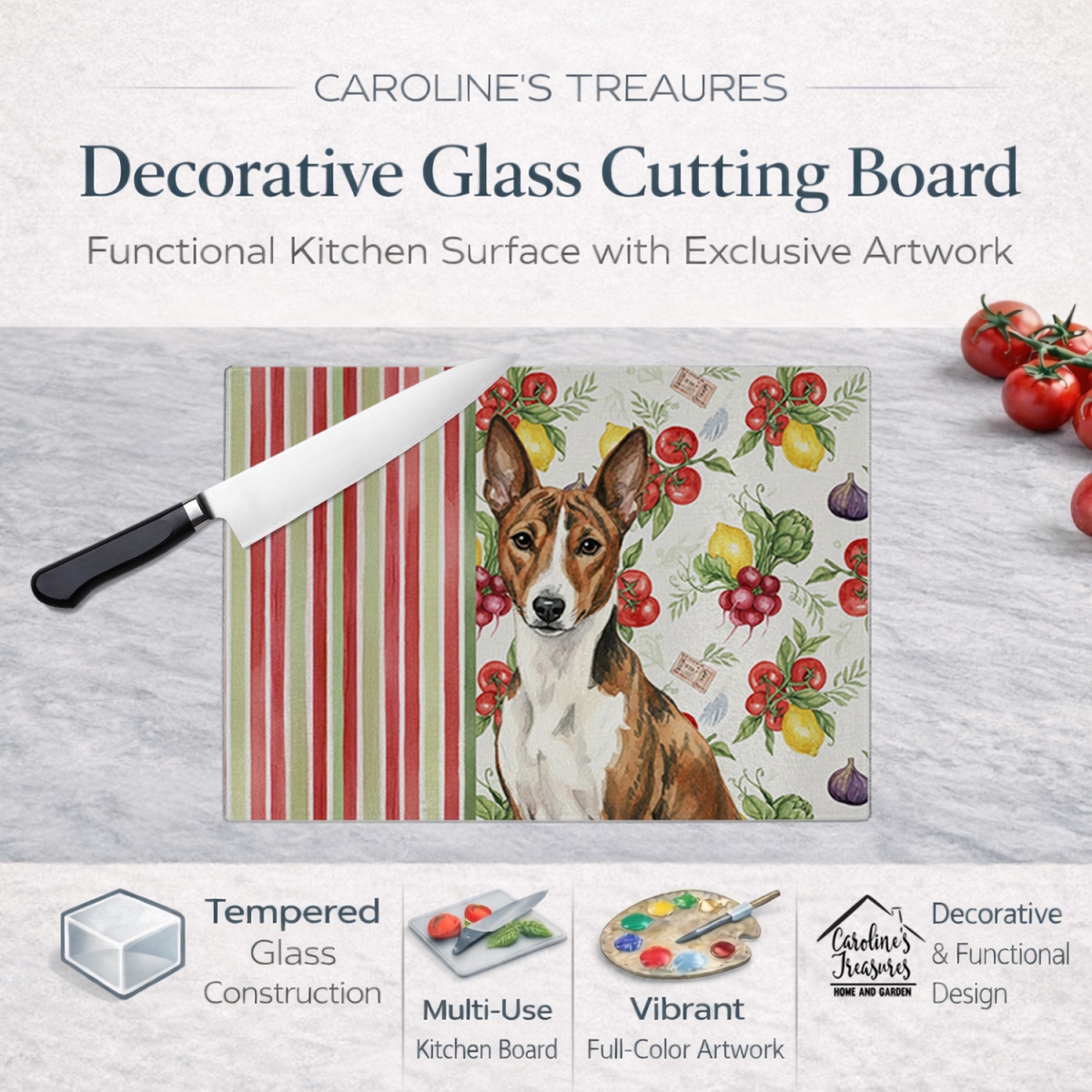 Picture of Carolines Treasures WDK8093LCB 11.25 x 15.25 in. Brindle & White Basenji Vegetables Glass Cutting Board