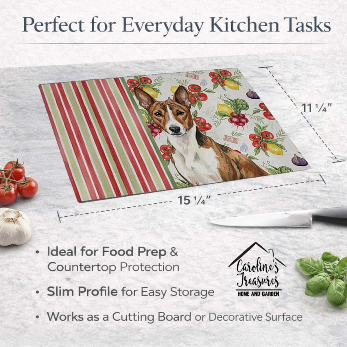 Picture of Carolines Treasures WDK8093LCB 11.25 x 15.25 in. Brindle & White Basenji Vegetables Glass Cutting Board