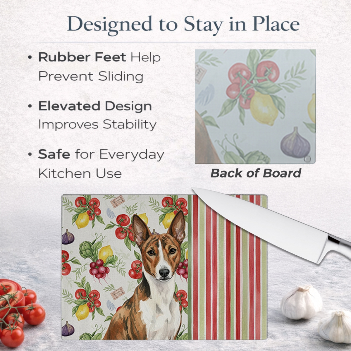Picture of Carolines Treasures WDK8093LCB 11.25 x 15.25 in. Brindle & White Basenji Vegetables Glass Cutting Board