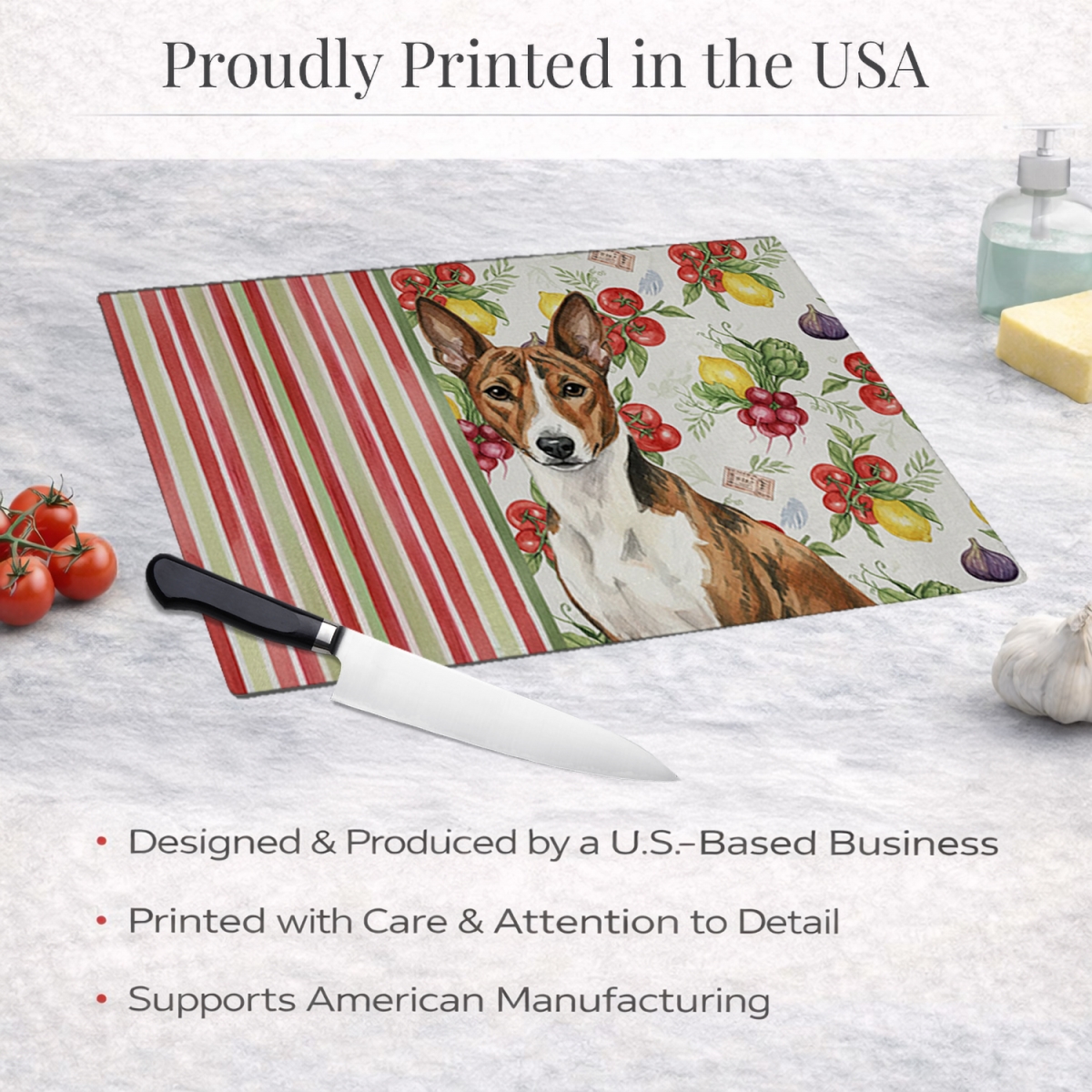 Picture of Carolines Treasures WDK8093LCB 11.25 x 15.25 in. Brindle & White Basenji Vegetables Glass Cutting Board