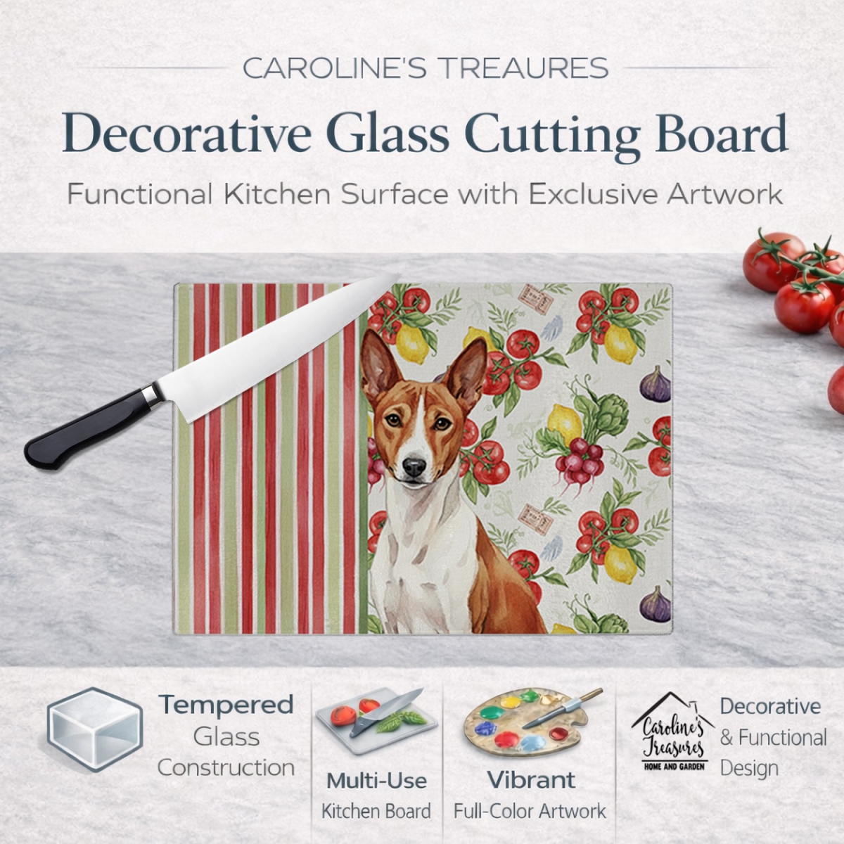Picture of Carolines Treasures WDK8094LCB 11.25 x 15.25 in. Red & White Basenji Vegetables Glass Cutting Board