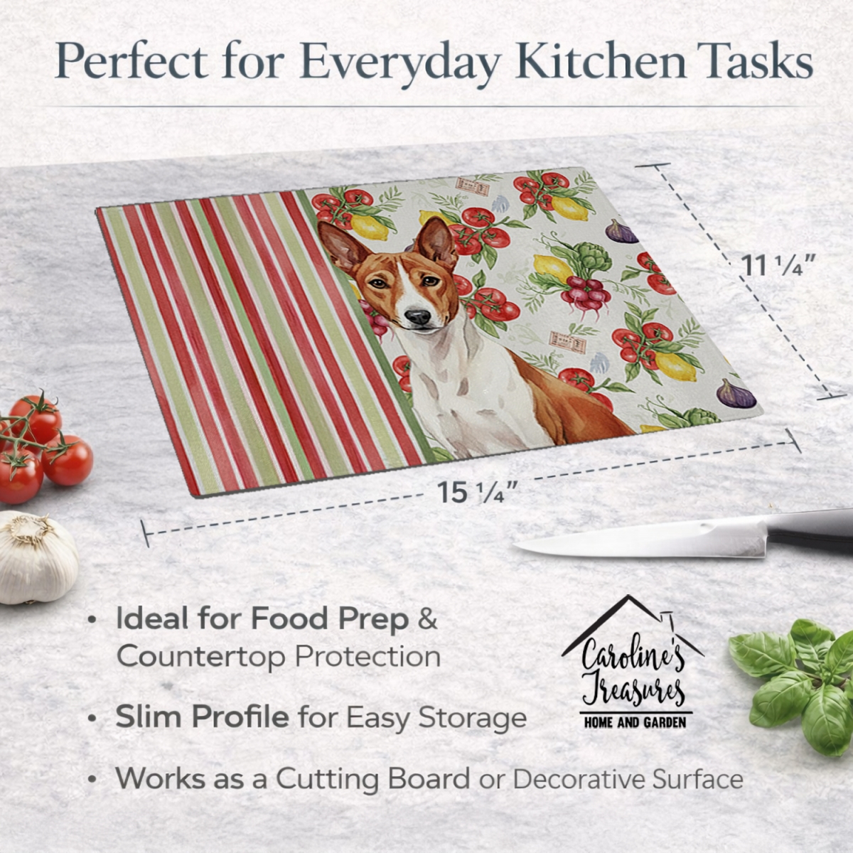 Picture of Carolines Treasures WDK8094LCB 11.25 x 15.25 in. Red & White Basenji Vegetables Glass Cutting Board
