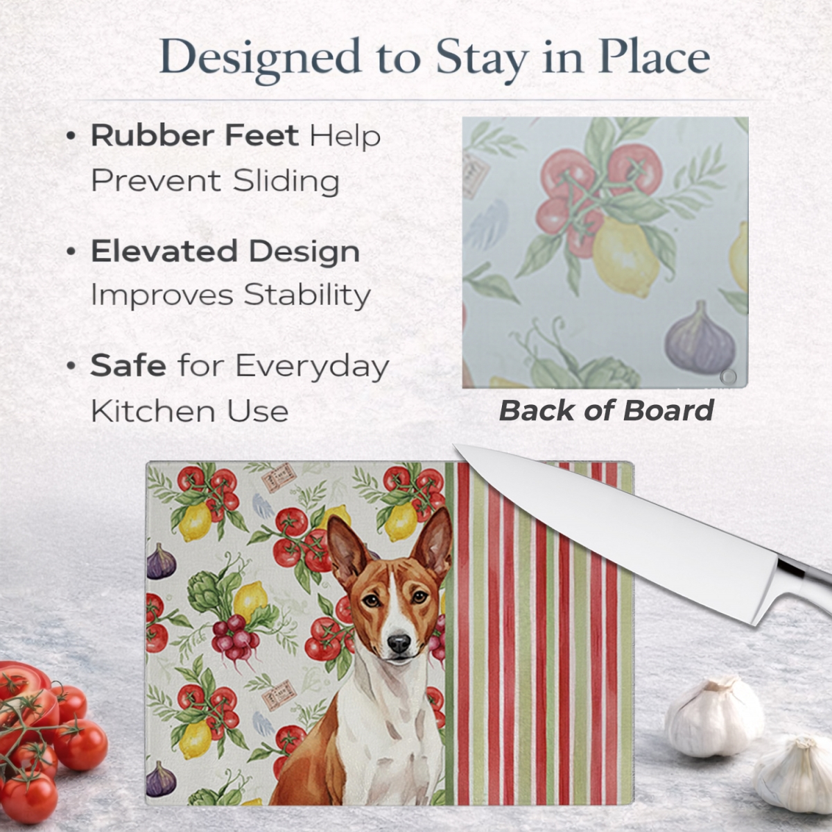 Picture of Carolines Treasures WDK8094LCB 11.25 x 15.25 in. Red & White Basenji Vegetables Glass Cutting Board