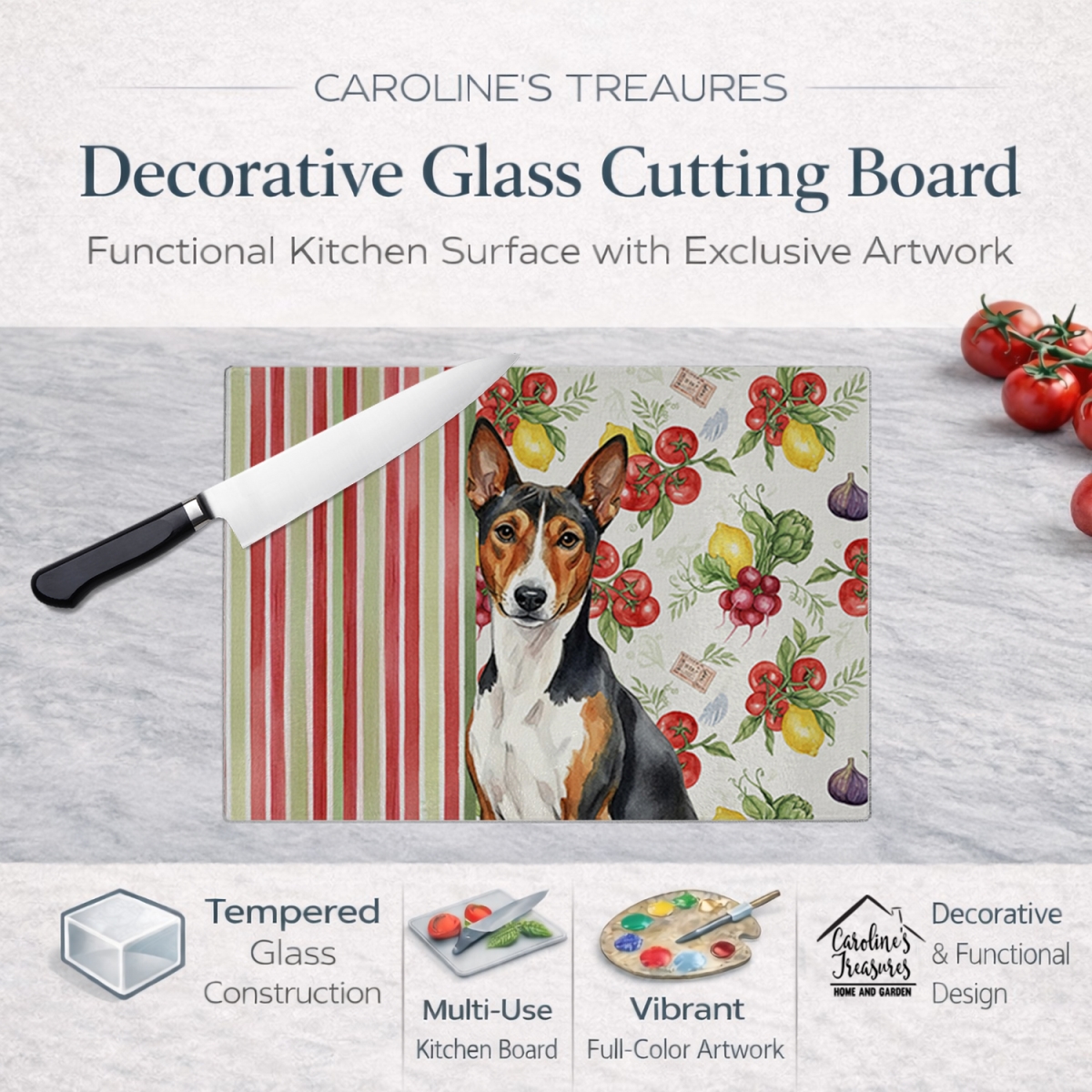 Picture of Carolines Treasures WDK8095LCB 11.25 x 15.25 in. Tricolor & White Basenji Vegetables Glass Cutting Board