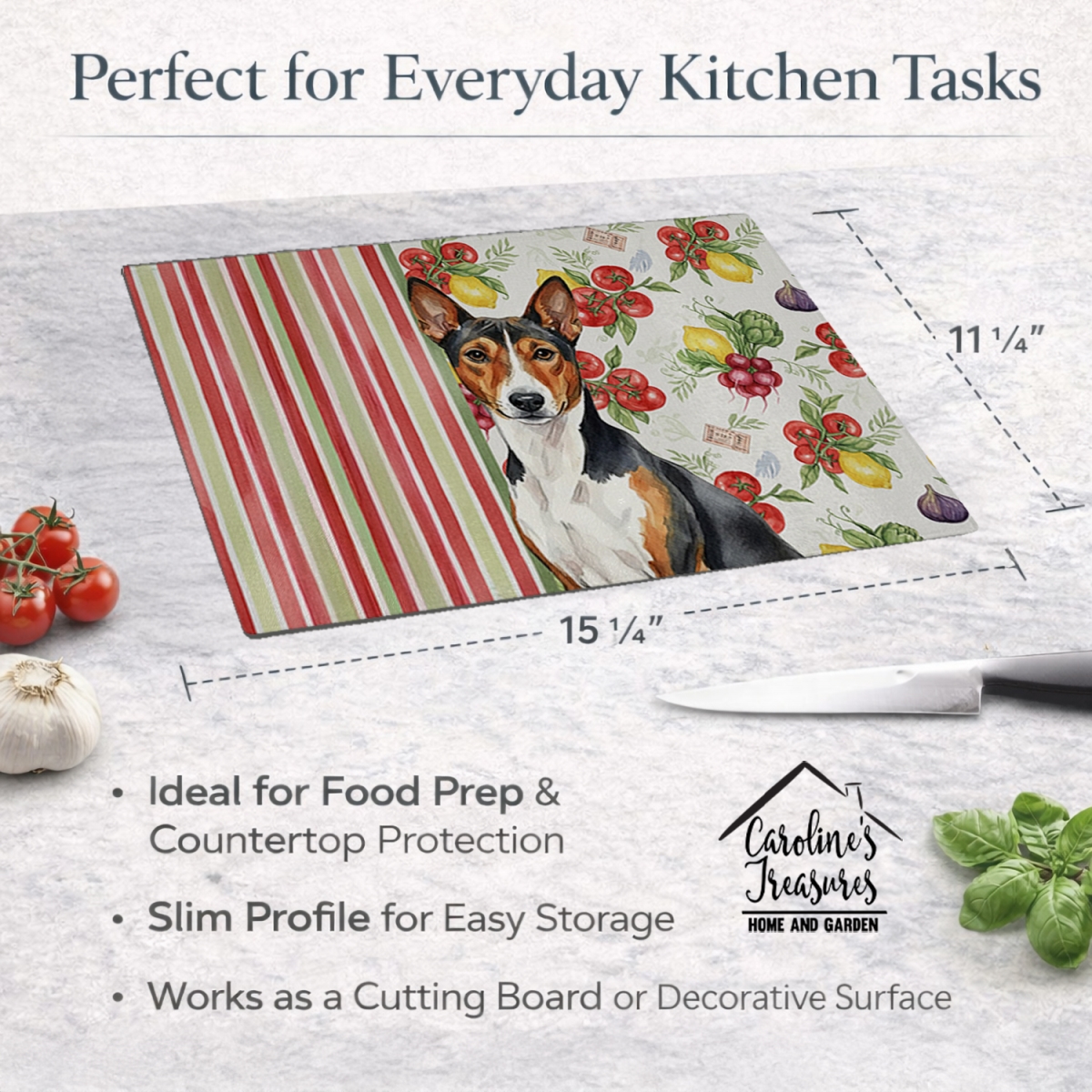 Picture of Carolines Treasures WDK8095LCB 11.25 x 15.25 in. Tricolor & White Basenji Vegetables Glass Cutting Board