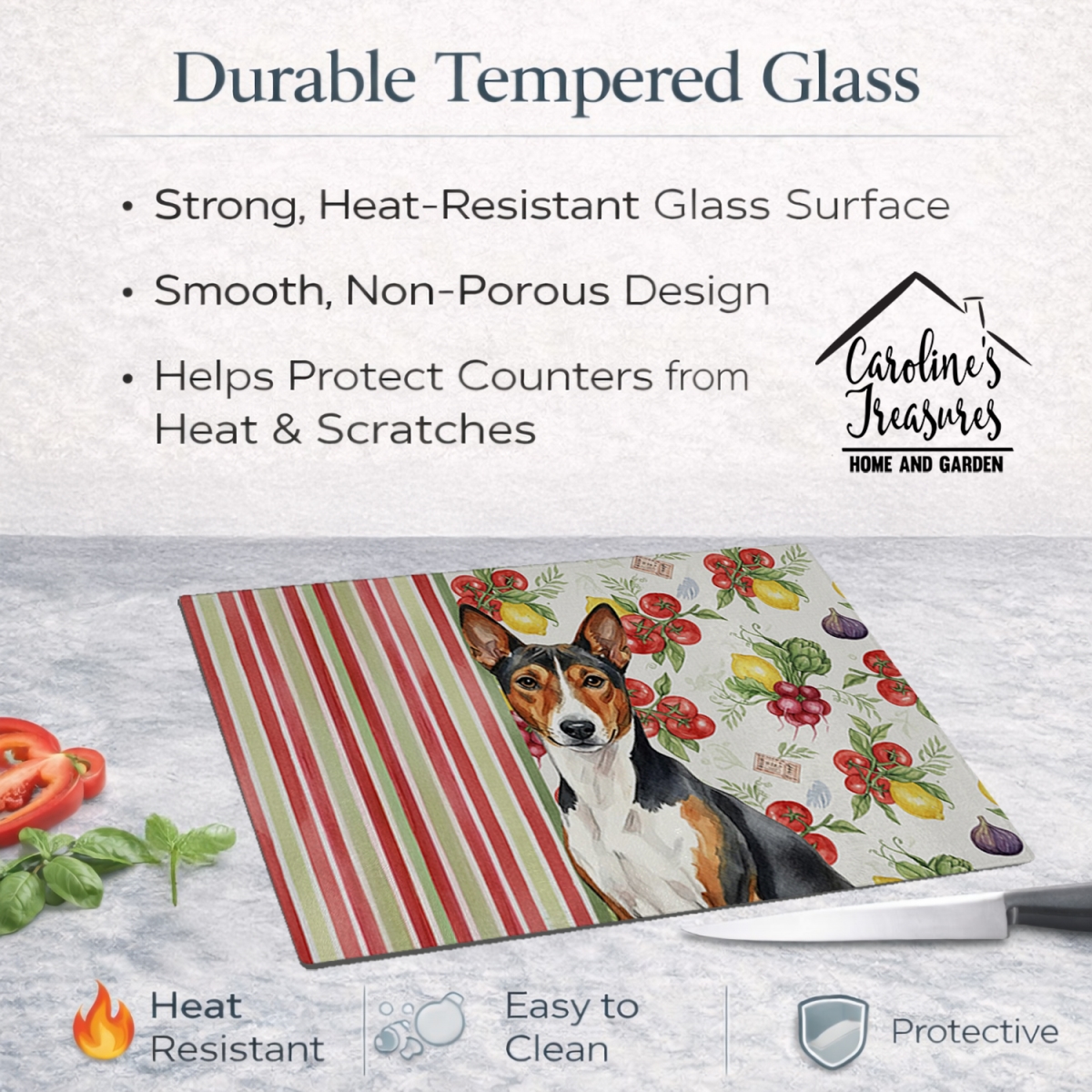 Picture of Carolines Treasures WDK8095LCB 11.25 x 15.25 in. Tricolor & White Basenji Vegetables Glass Cutting Board