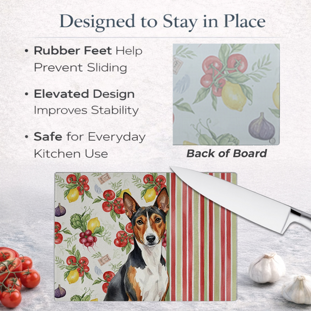 Picture of Carolines Treasures WDK8095LCB 11.25 x 15.25 in. Tricolor & White Basenji Vegetables Glass Cutting Board