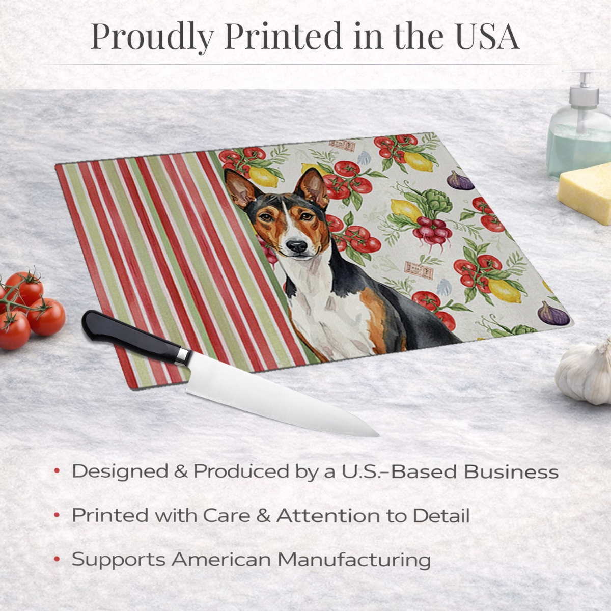 Picture of Carolines Treasures WDK8095LCB 11.25 x 15.25 in. Tricolor & White Basenji Vegetables Glass Cutting Board