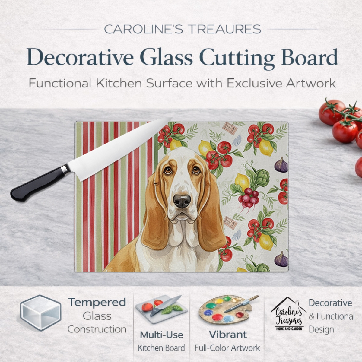 Picture of Carolines Treasures WDK8096LCB 11.25 x 15.25 in. Lemon & White Basset Hound Vegetables Glass Cutting Board