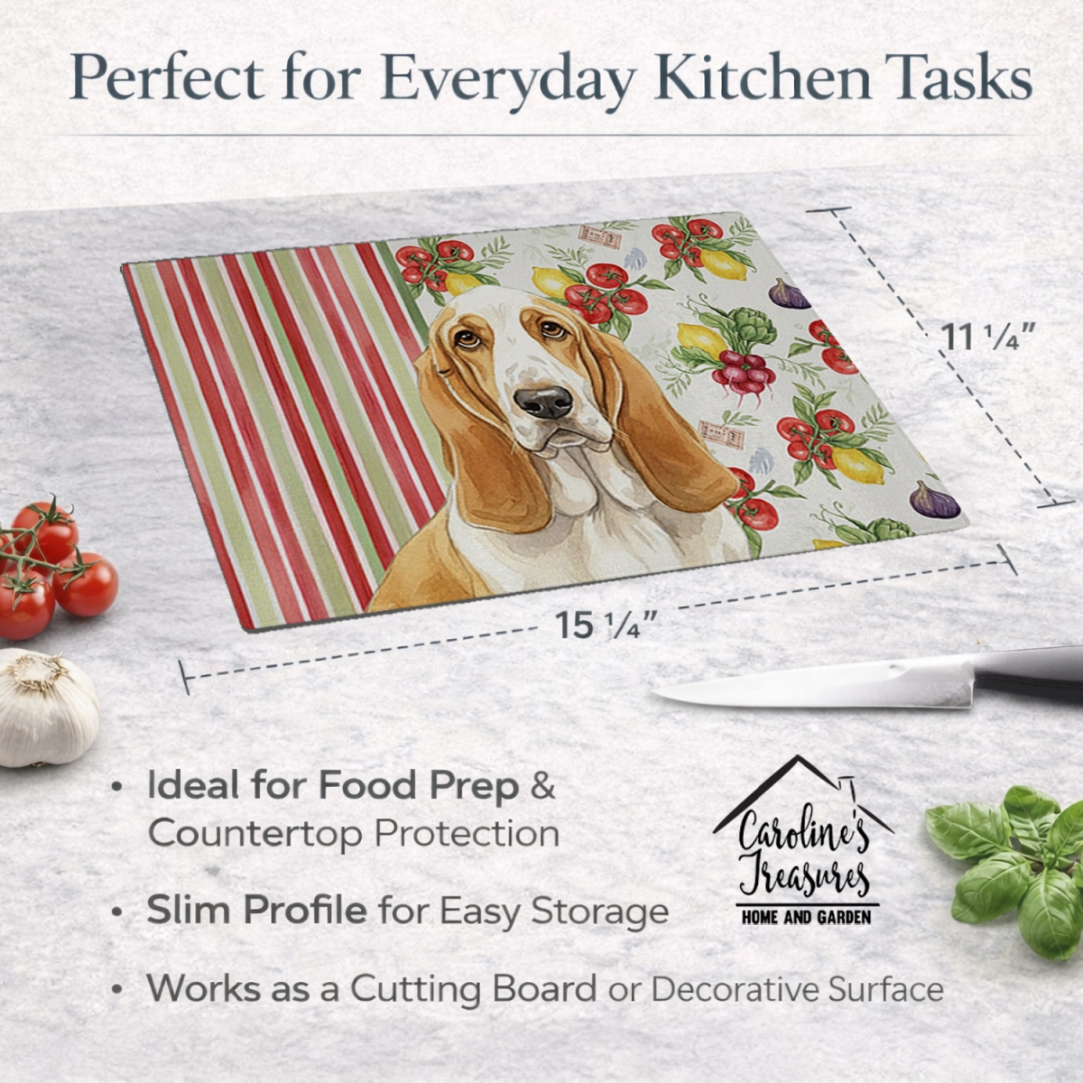 Picture of Carolines Treasures WDK8096LCB 11.25 x 15.25 in. Lemon & White Basset Hound Vegetables Glass Cutting Board