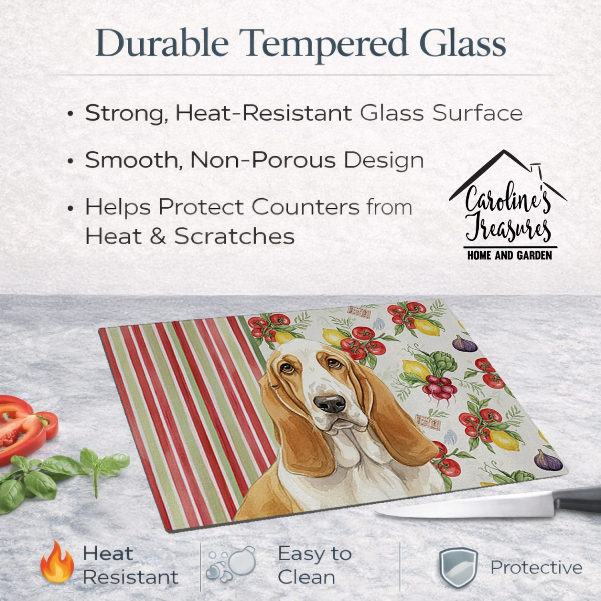 Picture of Carolines Treasures WDK8096LCB 11.25 x 15.25 in. Lemon & White Basset Hound Vegetables Glass Cutting Board