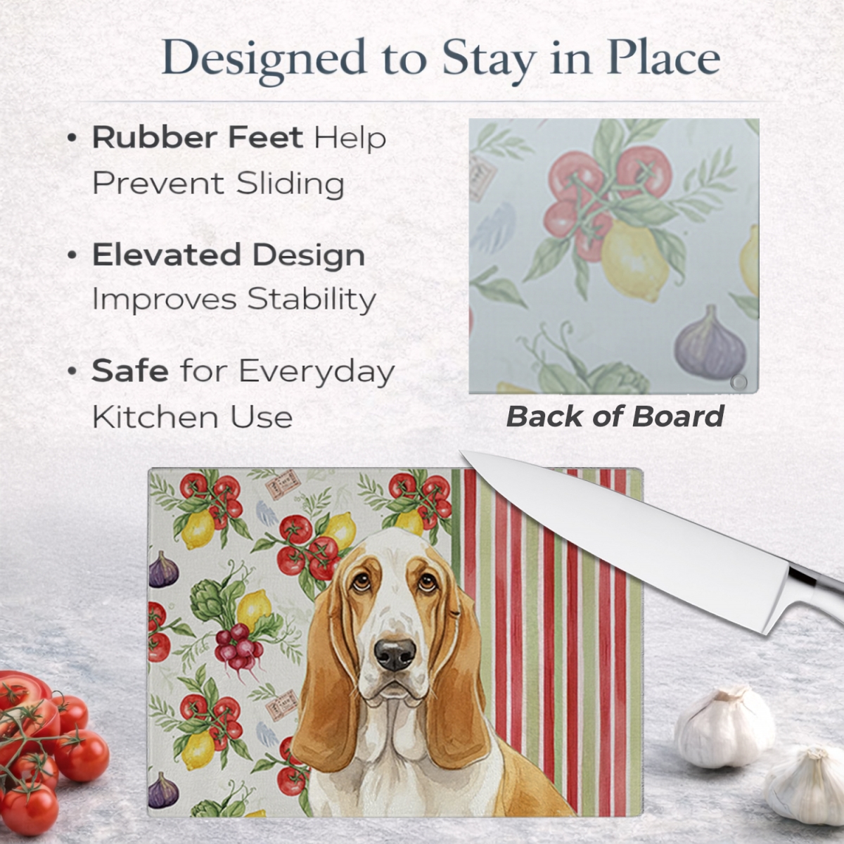 Picture of Carolines Treasures WDK8096LCB 11.25 x 15.25 in. Lemon & White Basset Hound Vegetables Glass Cutting Board