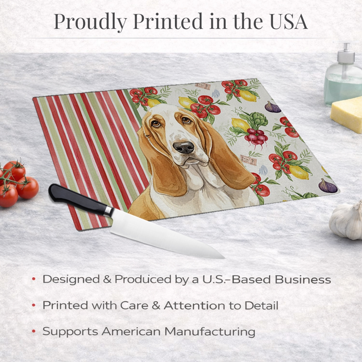 Picture of Carolines Treasures WDK8096LCB 11.25 x 15.25 in. Lemon & White Basset Hound Vegetables Glass Cutting Board