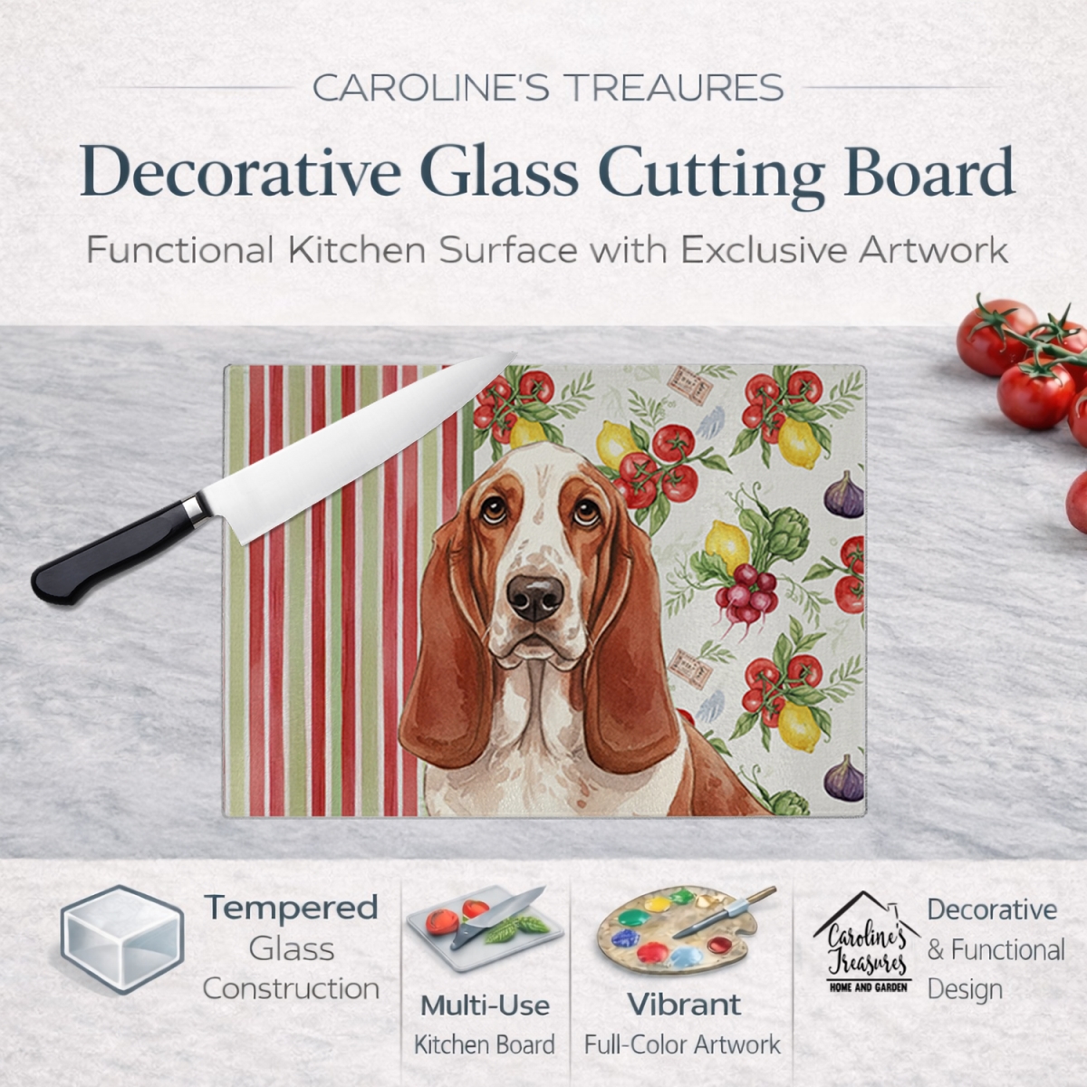 Picture of Carolines Treasures WDK8097LCB 11.25 x 15.25 in. Red & White Basset Hound Vegetables Glass Cutting Board
