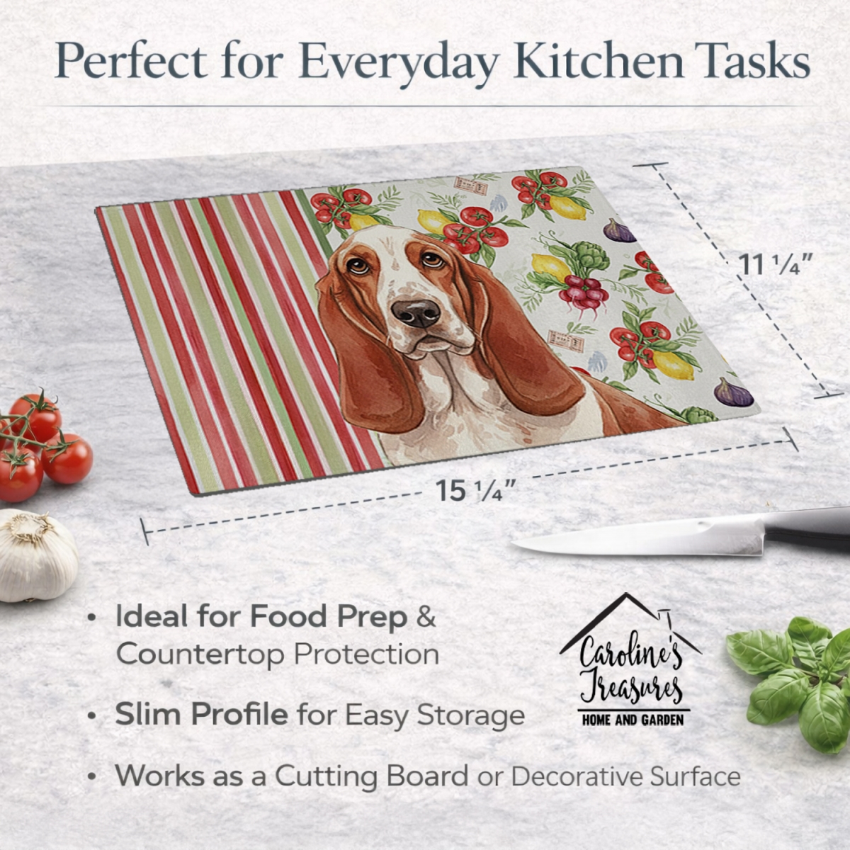 Picture of Carolines Treasures WDK8097LCB 11.25 x 15.25 in. Red & White Basset Hound Vegetables Glass Cutting Board