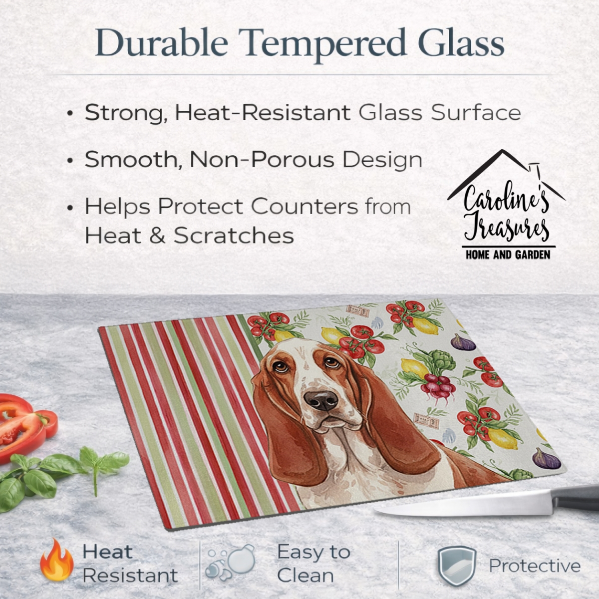 Picture of Carolines Treasures WDK8097LCB 11.25 x 15.25 in. Red & White Basset Hound Vegetables Glass Cutting Board
