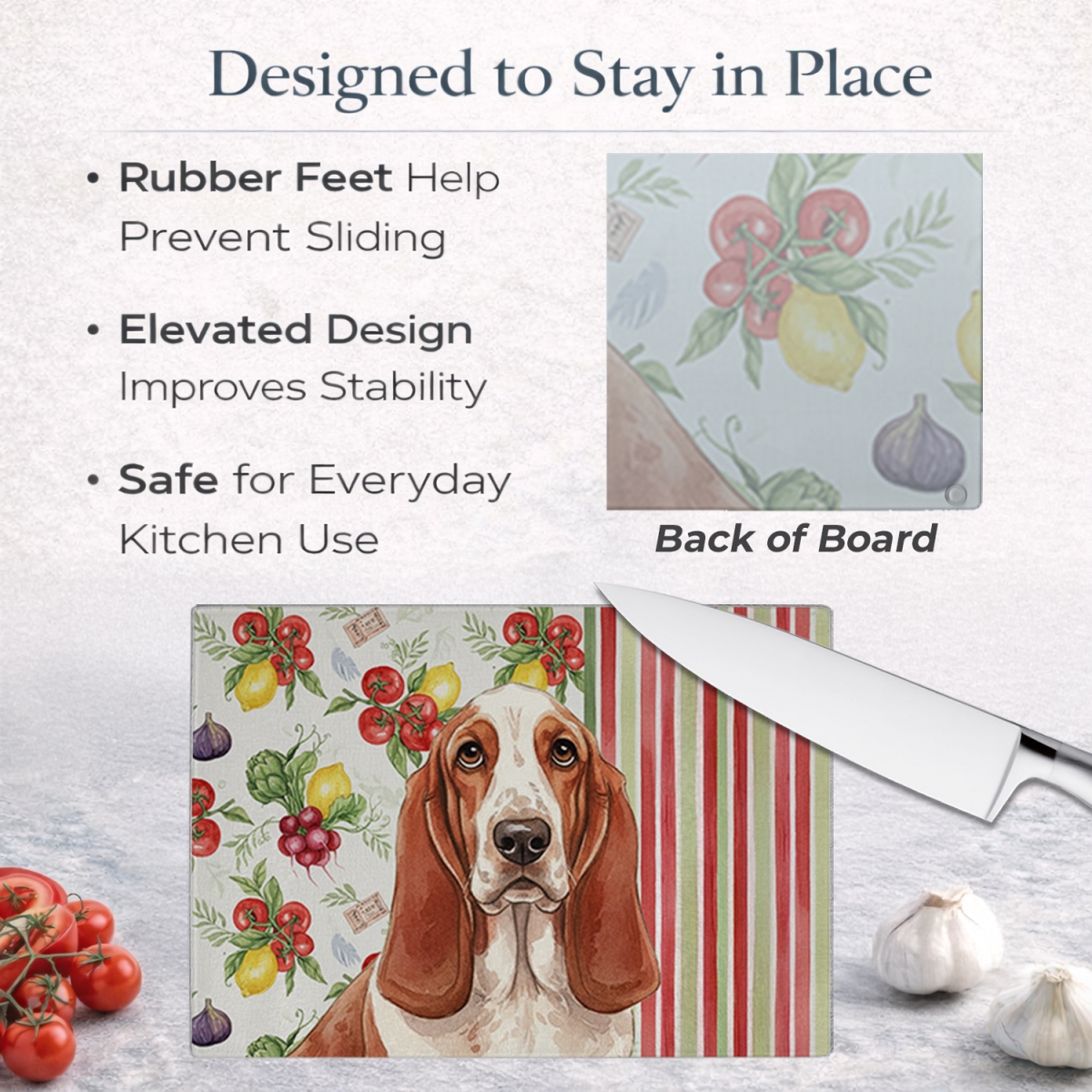 Picture of Carolines Treasures WDK8097LCB 11.25 x 15.25 in. Red & White Basset Hound Vegetables Glass Cutting Board