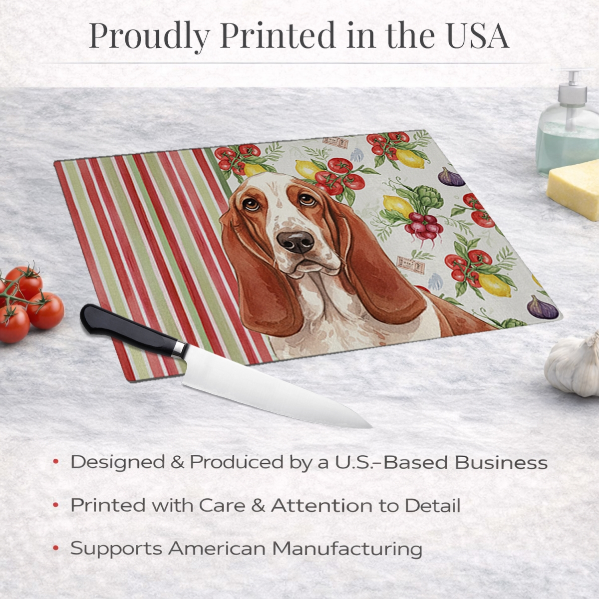 Picture of Carolines Treasures WDK8097LCB 11.25 x 15.25 in. Red & White Basset Hound Vegetables Glass Cutting Board