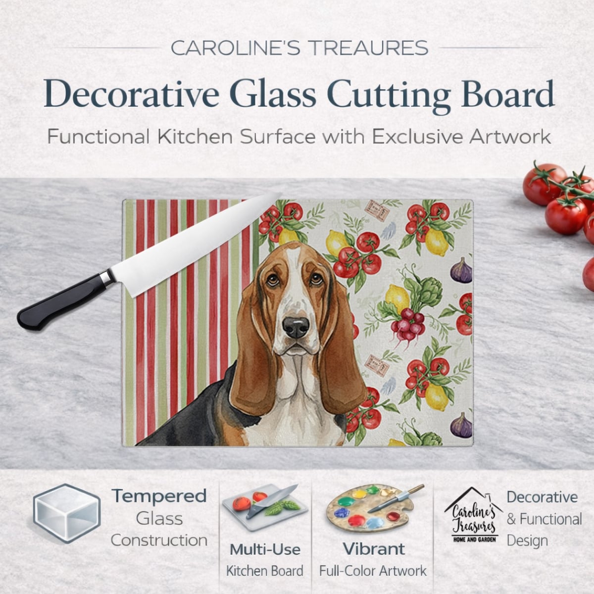 Picture of Carolines Treasures WDK8098LCB 11.25 x 15.25 in. Tricolor & White Basset Hound Vegetables Glass Cutting Board