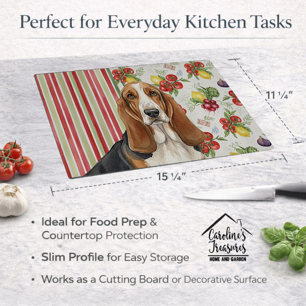 Picture of Carolines Treasures WDK8098LCB 11.25 x 15.25 in. Tricolor & White Basset Hound Vegetables Glass Cutting Board