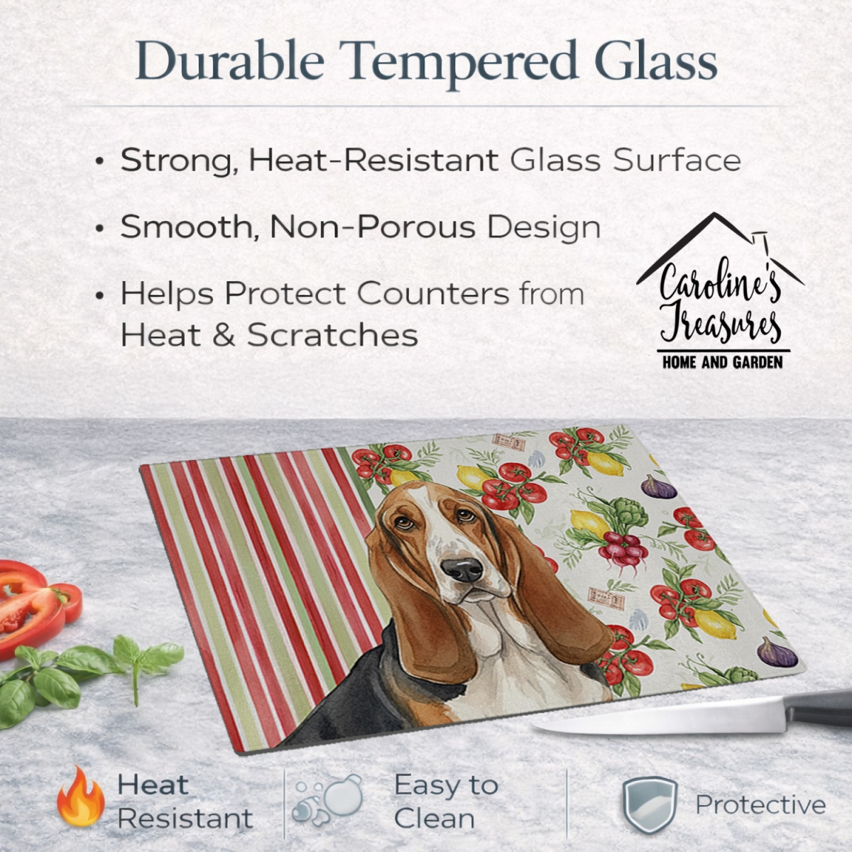 Picture of Carolines Treasures WDK8098LCB 11.25 x 15.25 in. Tricolor & White Basset Hound Vegetables Glass Cutting Board