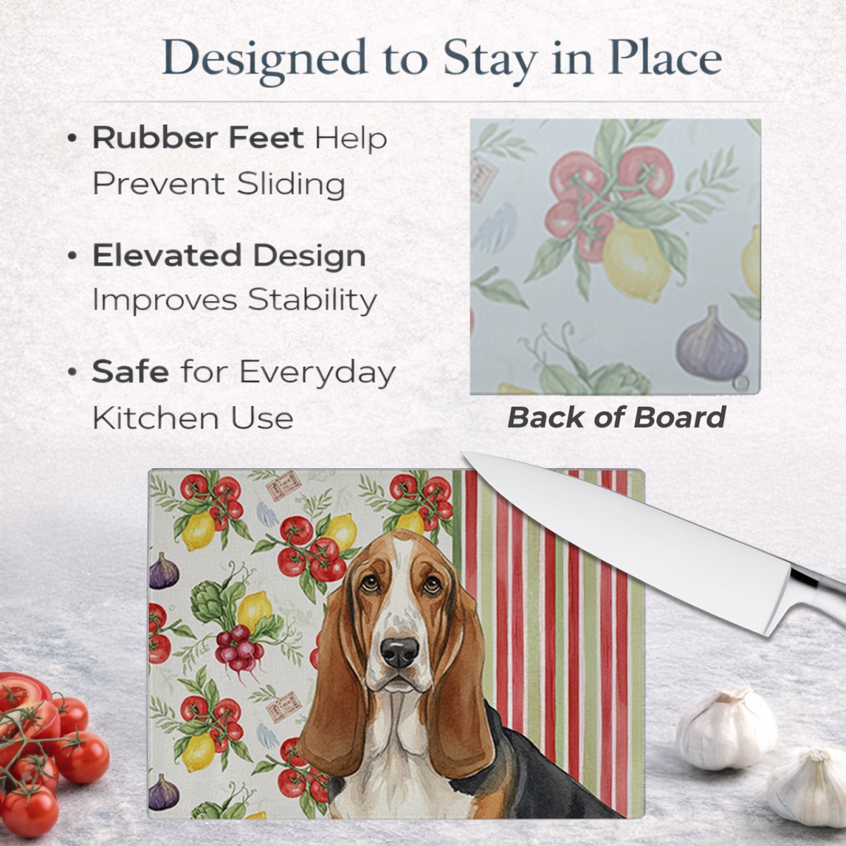 Picture of Carolines Treasures WDK8098LCB 11.25 x 15.25 in. Tricolor & White Basset Hound Vegetables Glass Cutting Board