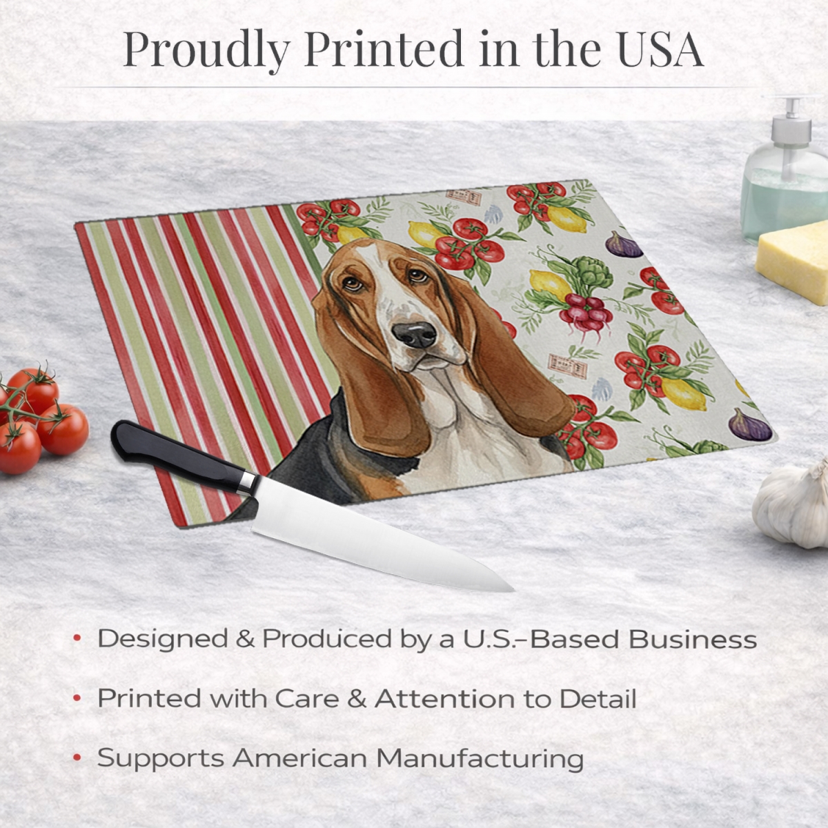 Picture of Carolines Treasures WDK8098LCB 11.25 x 15.25 in. Tricolor & White Basset Hound Vegetables Glass Cutting Board