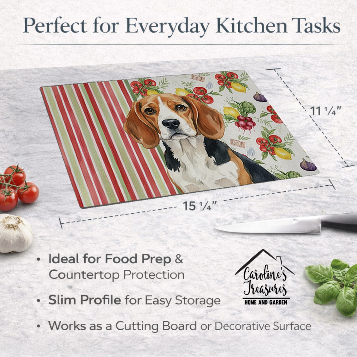 Picture of Carolines Treasures WDK8099LCB 11.25 x 15.25 in. Beagle Vegetables Glass Cutting Board