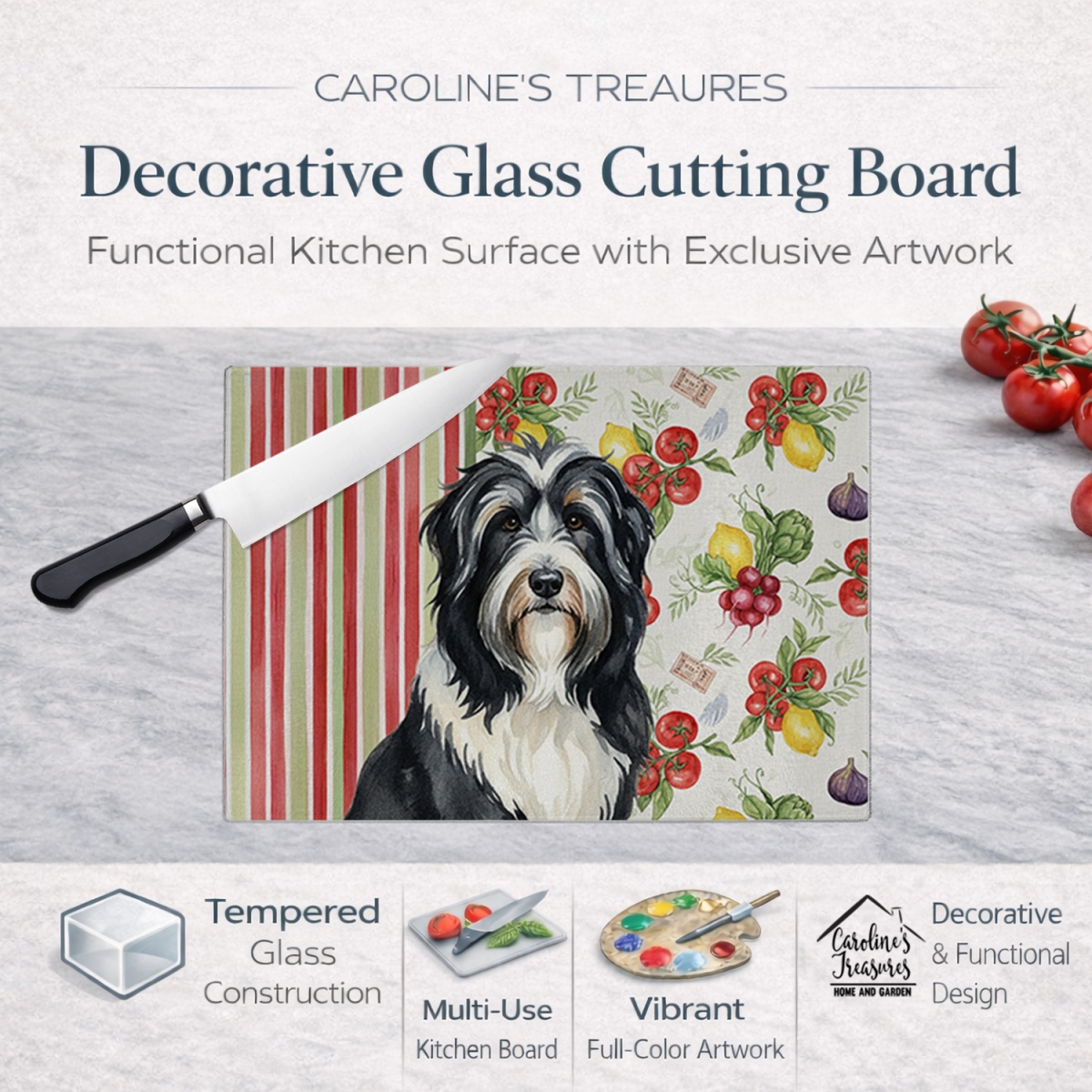 Picture of Carolines Treasures WDK8101LCB 11.25 x 15.25 in. Black Bearded Collie Vegetables Glass Cutting Board